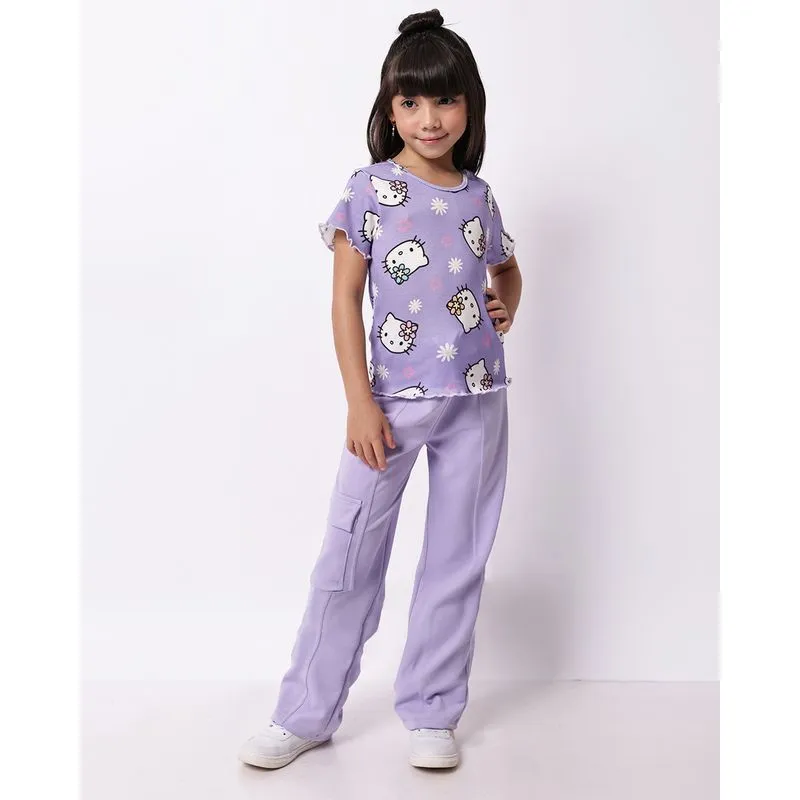 Calça Infantil Crepe Reta com Bolso Único Cargo Frisos Lilás 6