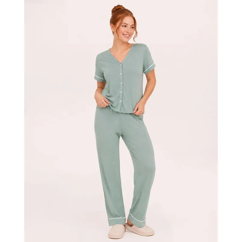 Pijama Feminino Americano Canelado Manga Curta Verde M