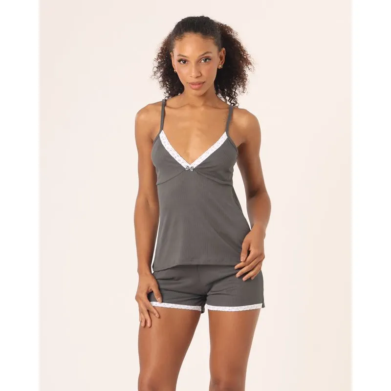 Pijama Feminino Curto Alcinha Canelado Decote V Renda Cinza G