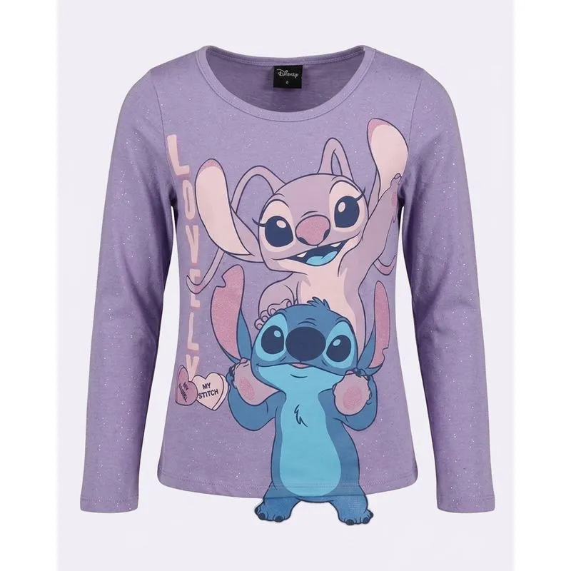 Camiseta Infantil Disney Angel e Stitch Manga Longa Lilás 6