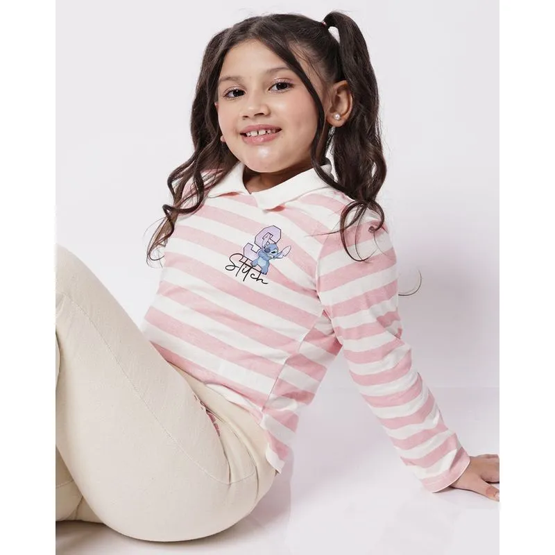 Blusa Polo Infantil Algodão Listrada Stitch Manga Longa Rosa 10