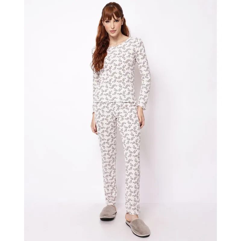 Pijama Longo Feminino Canelado Floral Off White P