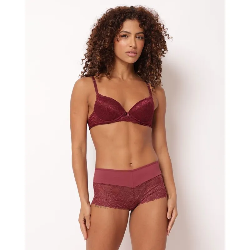 Calcinha Feminina Caleçon Poliamida com Renda Vinho P