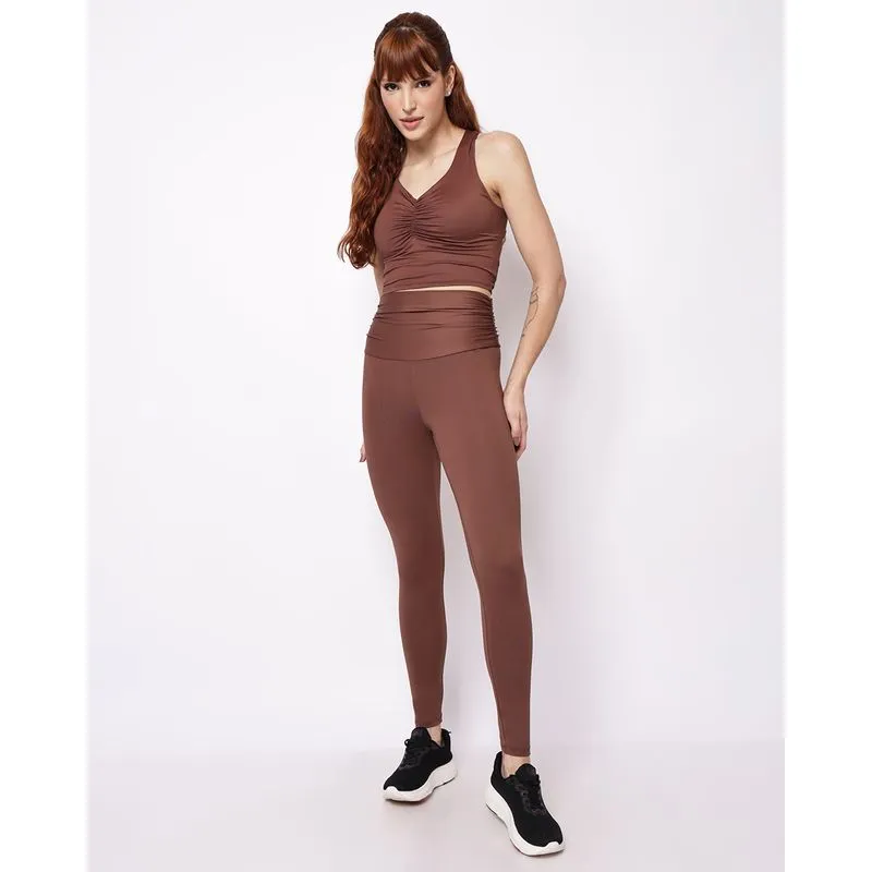 Calça Legging Fitness Feminina Cós Largo Franzido Marrom G