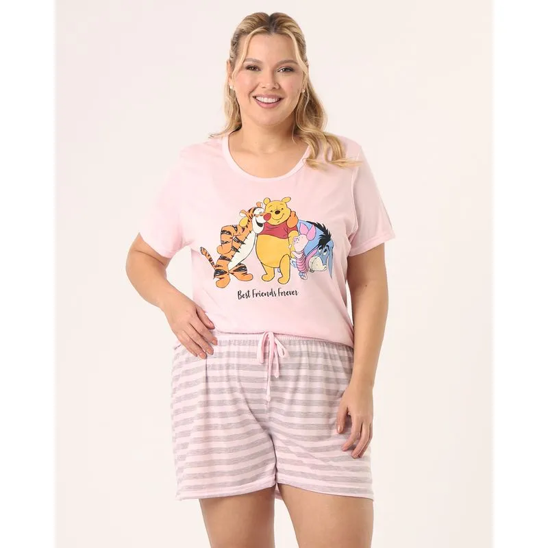 Pijama Curto Plus Size Feminino Disney Ursinho Pooh Rosa 48