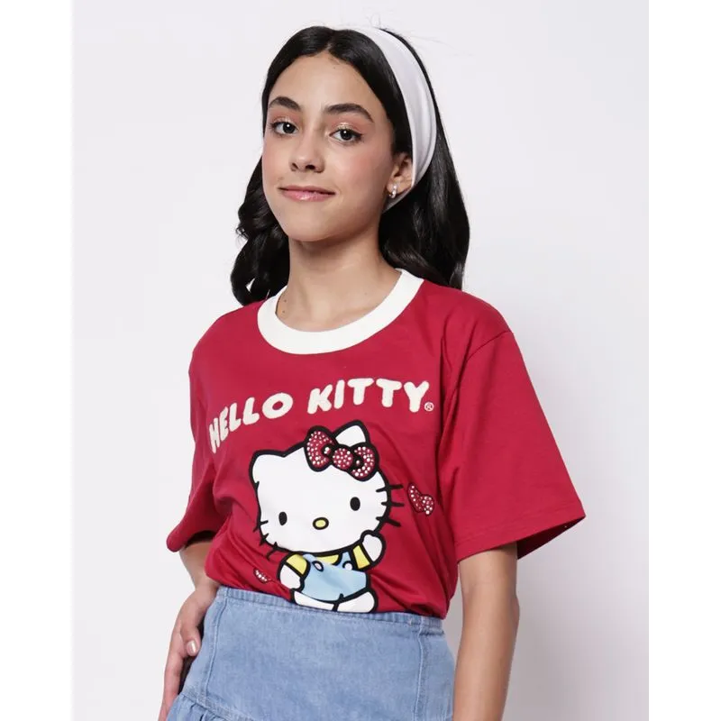 Camiseta Juvenil Oversized Algodão Hello Kitty Vinho 10