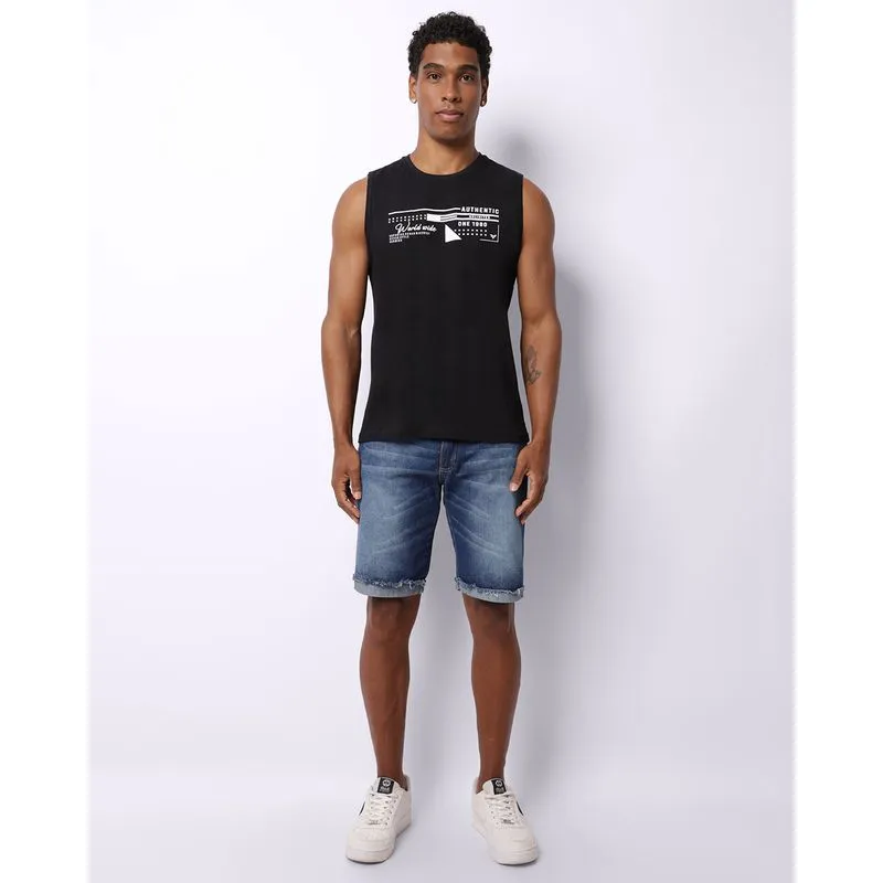 Bermuda Jeans Masculina Reta Barra Desfiada Azul Escuro 36