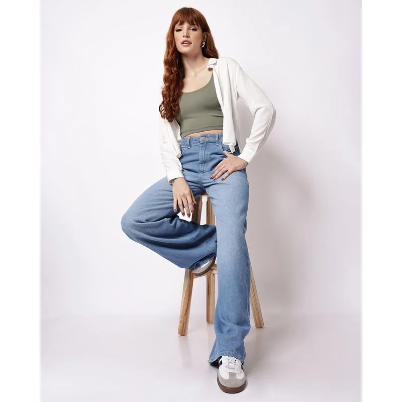Calça Jeans Feminina Wide Leg com Bolsos Azul 36