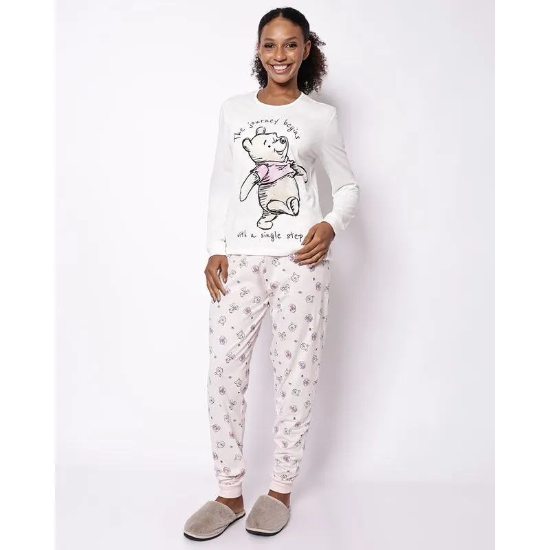 Pijama Longo Feminino Algodão Ursinho Pooh Off White M