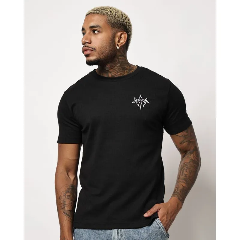 Camiseta Masculina Canelada Bordado Manga Curta Preta G