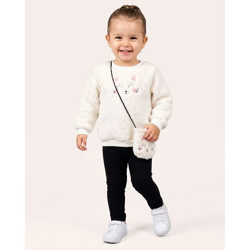 Blusão Bebê Sherpa com Bordado Gatinho e Bolsa Off White 2