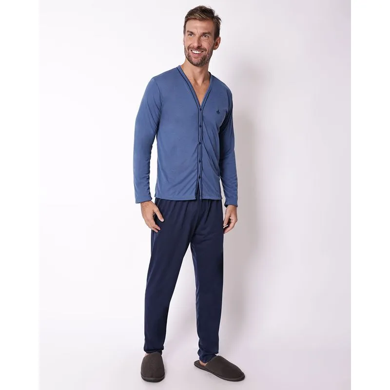 Pijama Masculino Longo com Botões Gola V Azul G