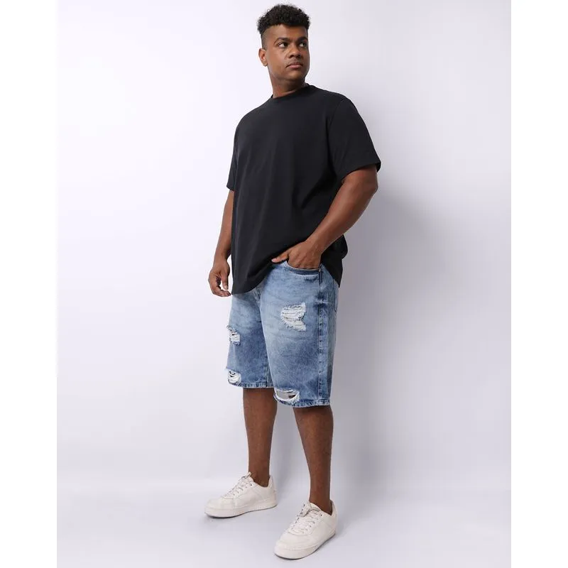 Bermuda Jeans Plus Size Masculina Reta Destroyed Marmorizada Azul 38