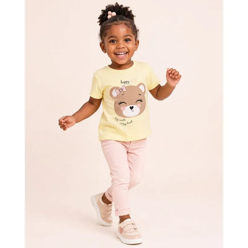 Blusa Bebê Algodão Estampa Ursinho Manga Curta Amarela 3