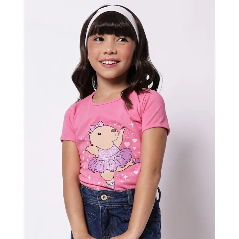 Camiseta Infantil Estampa Capivara Bailarina Rosa 8