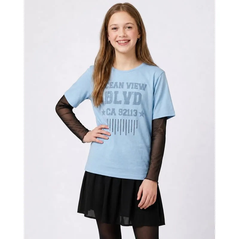 Camiseta Juvenil Oversized Algodão com Tule Azul 8
