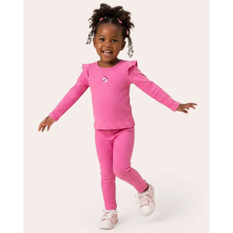 Conjunto Bebê Longo Canelado Babado Flor Glitter Rosa 3