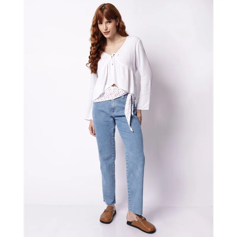 Calça Jeans Feminina Reta com Bolsos Cós com Lenço Barra Desfiada Azul 38