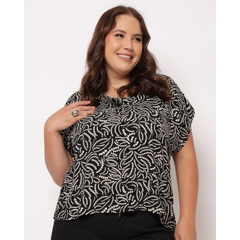 Blusa Plus Size Feminina Berry & Co. Viscose Estampada Preta G3