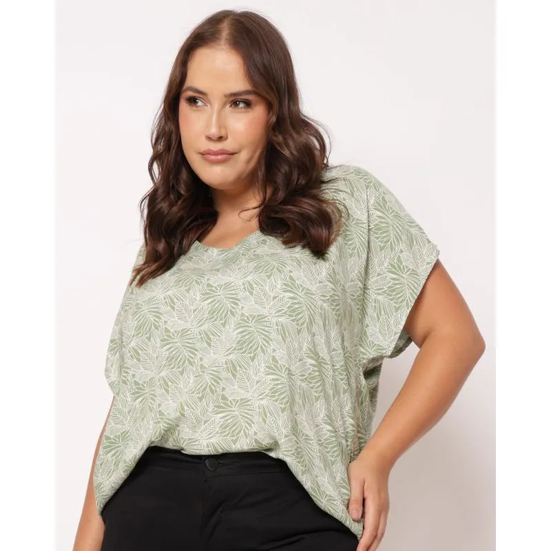 Blusa Plus Size Feminina Berry & Co. Viscose Estampada Verde UN