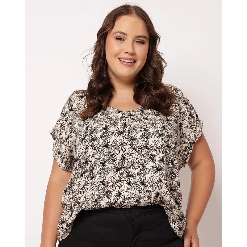 Blusa Plus Size Feminina Berry & Co. Viscose Estampada Bege G2