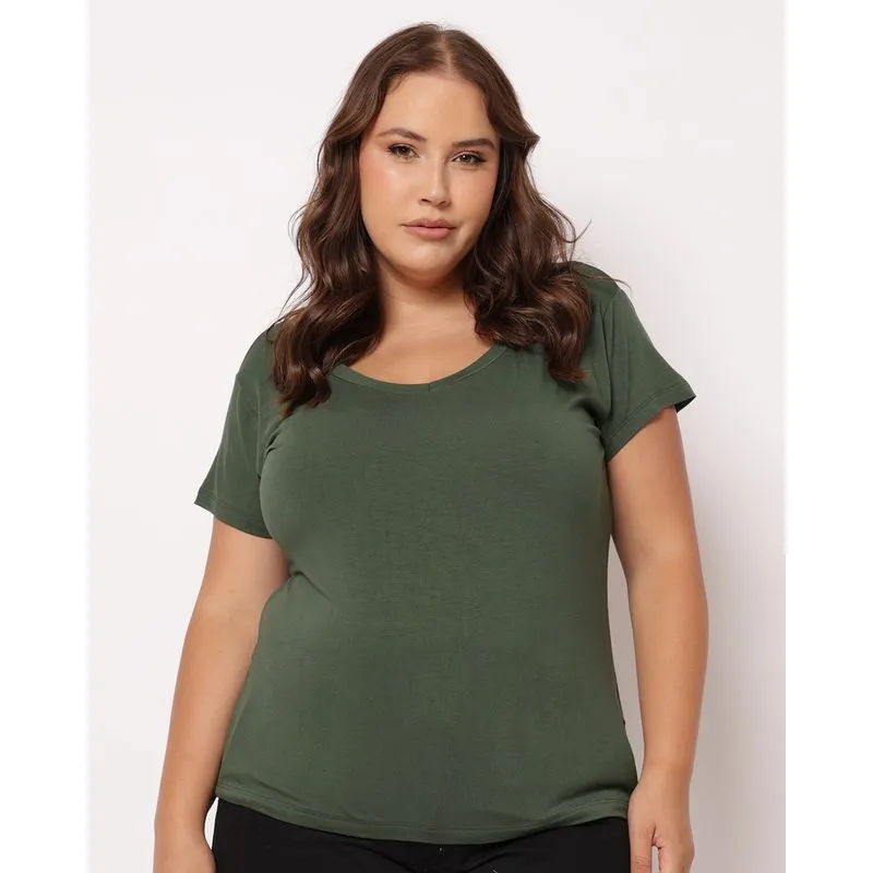 Blusa Plus Size Feminina Decote V Básica Verde G1