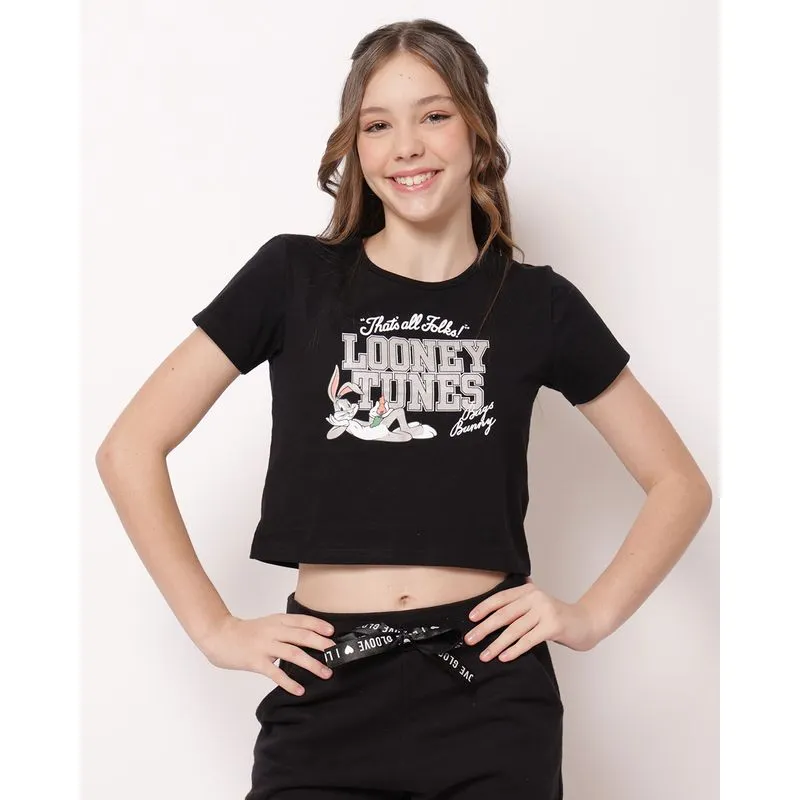 Camiseta Cropped Juvenil Algodão Pernalonga Preto 16