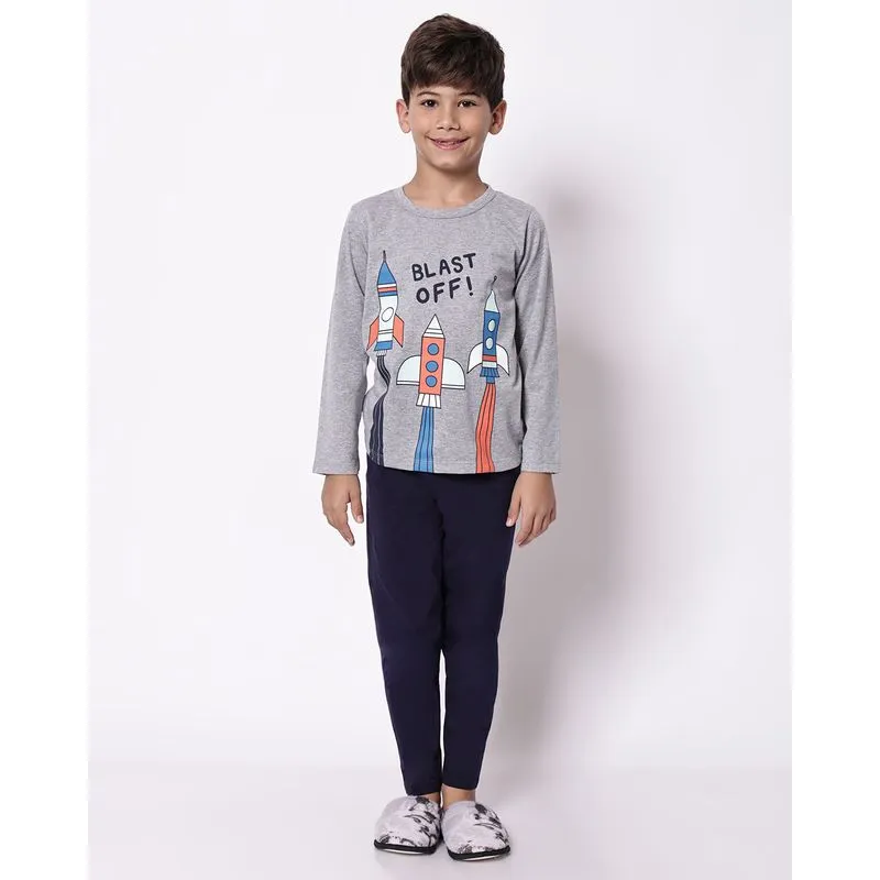 Pijama Longo Infantil Manga Longa Foguetes Cinza 8