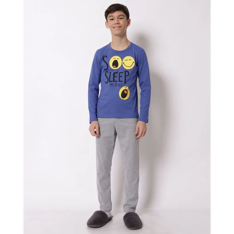 Pijama Juvenil Longo Estampa Emoji Azul 14
