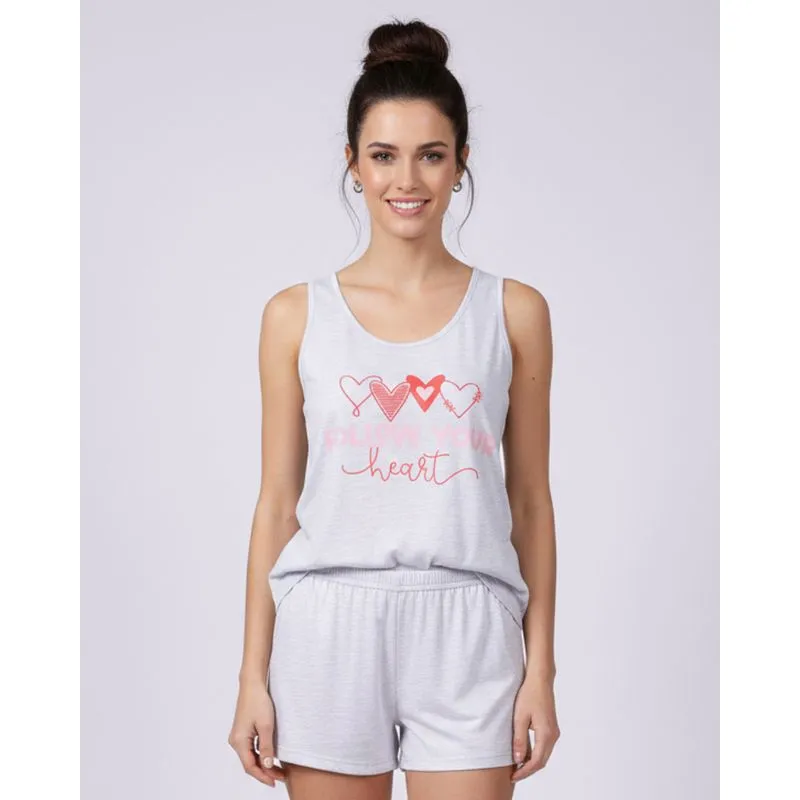 Pijama Feminino Curto Regata com Estampa Mesclado Cinza M