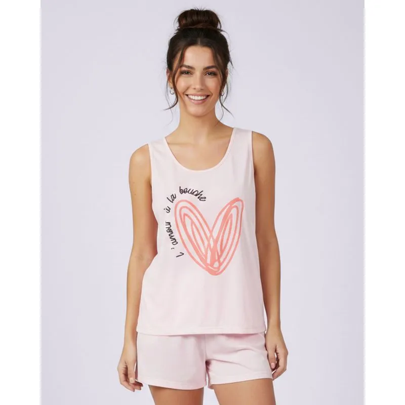 Pijama Feminino Curto Regata com Estampa Escrita Rosa GG