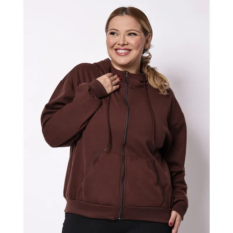 Jaqueta Moletom Fitness Plus Size Feminina Fitter Marrom G2