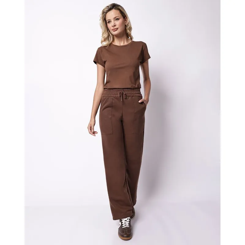 Calça Moletom Feminina Reta com Bolsos Carpinteiro Marrom P