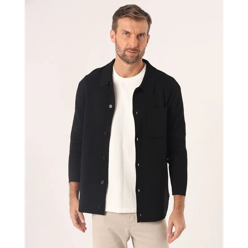 Camisa Masculina Tricô com Bolso Manga Longa Preta GG