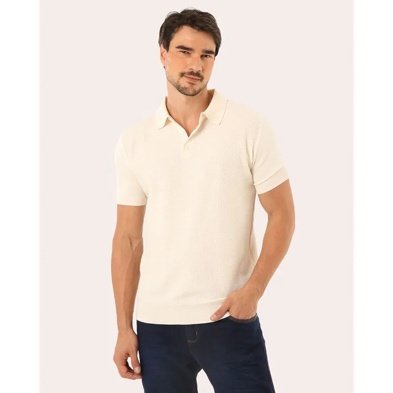 Camisa Polo Masculina Tricô Favo Manga Curta Off White P