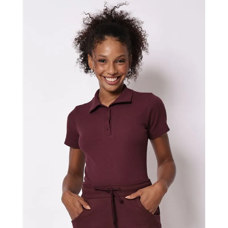 Blusa Polo Feminina Canelada Manga Curta Vinho P