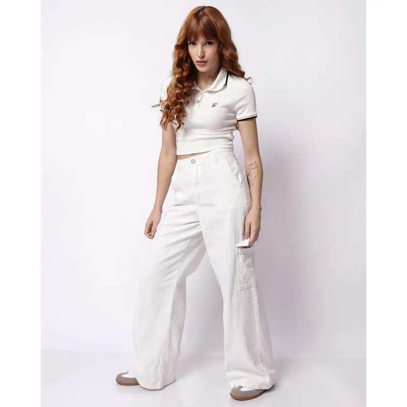 Calça Sarja Feminina Wide Leg com Bolsos Cargo Off White 46
