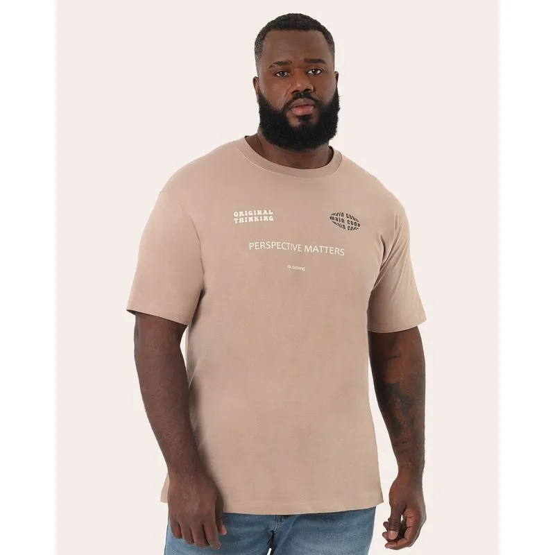 Camiseta Plus Size Masculina Algodão Estampa Frontal Bege G1