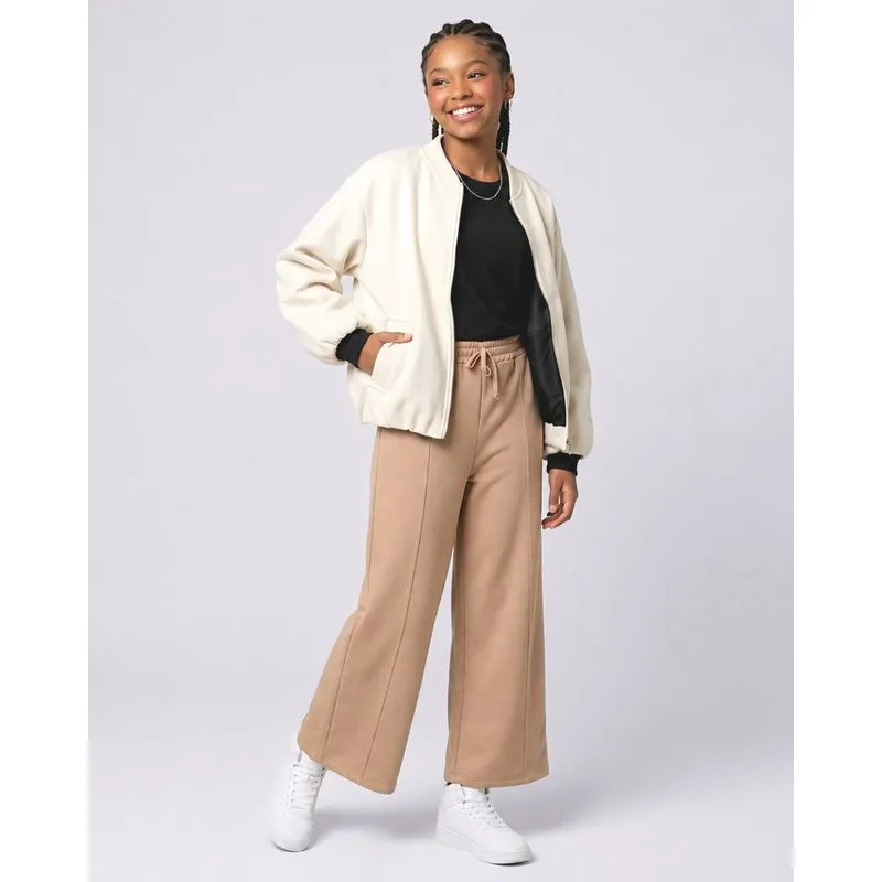 Calça Moletom Juvenil Wide Leg com Friso Bege 8
