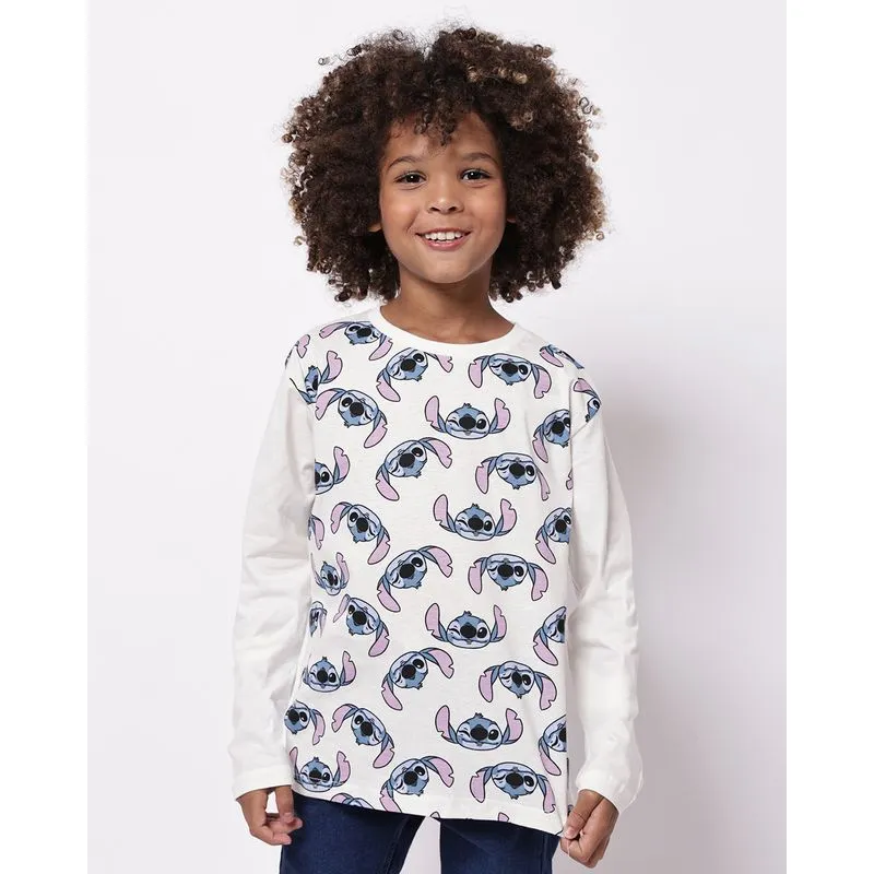Camiseta Infantil Algodão Stitch Manga Longa Off White 8