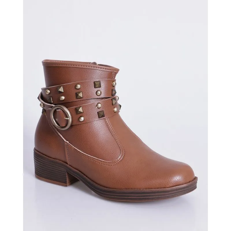 Bota Feminina Moleca Cano Curto com Tiras e Tachas Marrom 36