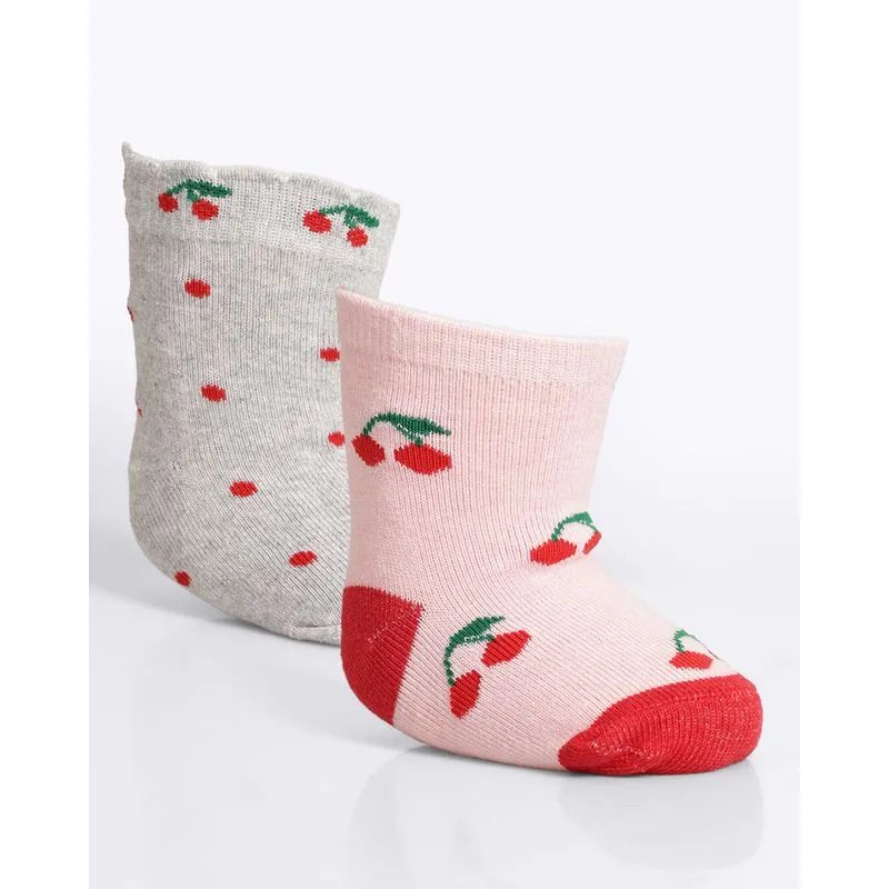 Kit 2 Pares de Meia Bebê Estampa Cereja Cinza e Rosa 6 A 12
