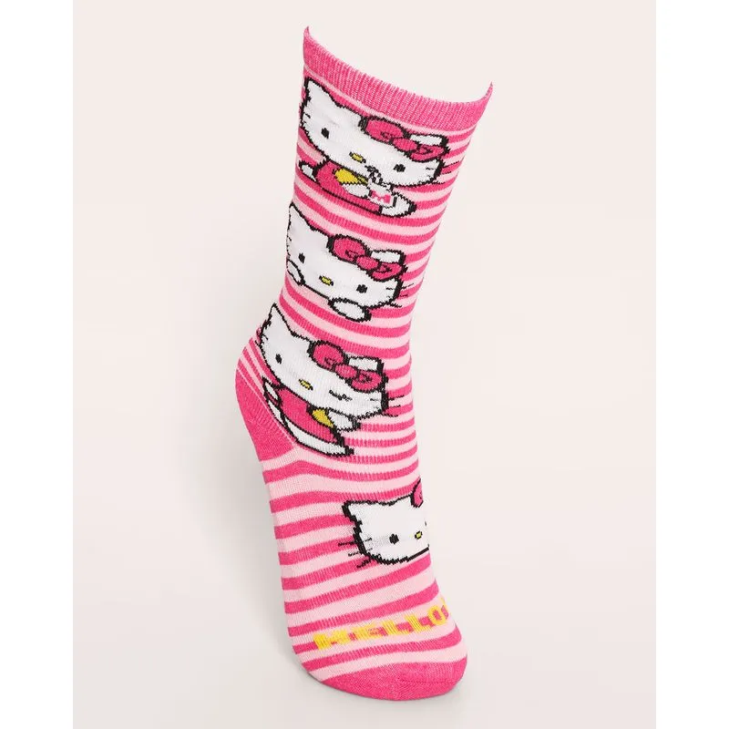 Meia Infantil Cano Longo Listrada Hello Kitty Rosa 30 A 33