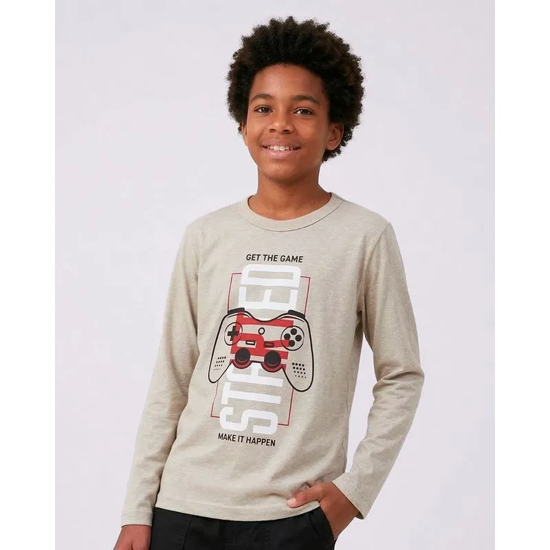Camiseta Juvenil Manga Longa Estampas Sortidas Bege 14