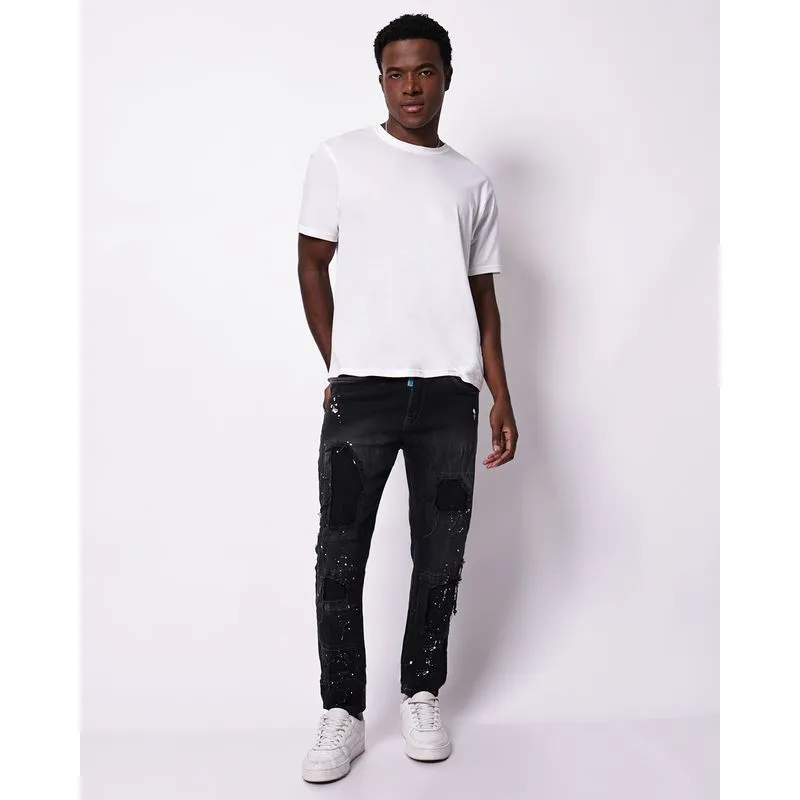 Calça Jeans Masculina Slim Destroyed Customizada com Bolsos Preta 42