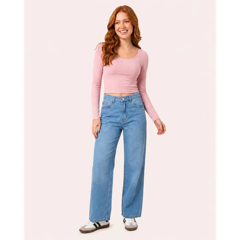Calça Jeans Feminina Wide Leg Estonada com Bolso Azul 44