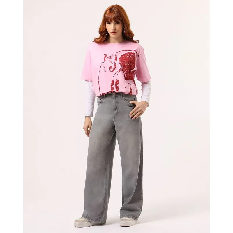 Calça Jeans Feminina Wid Leg Cinza 48