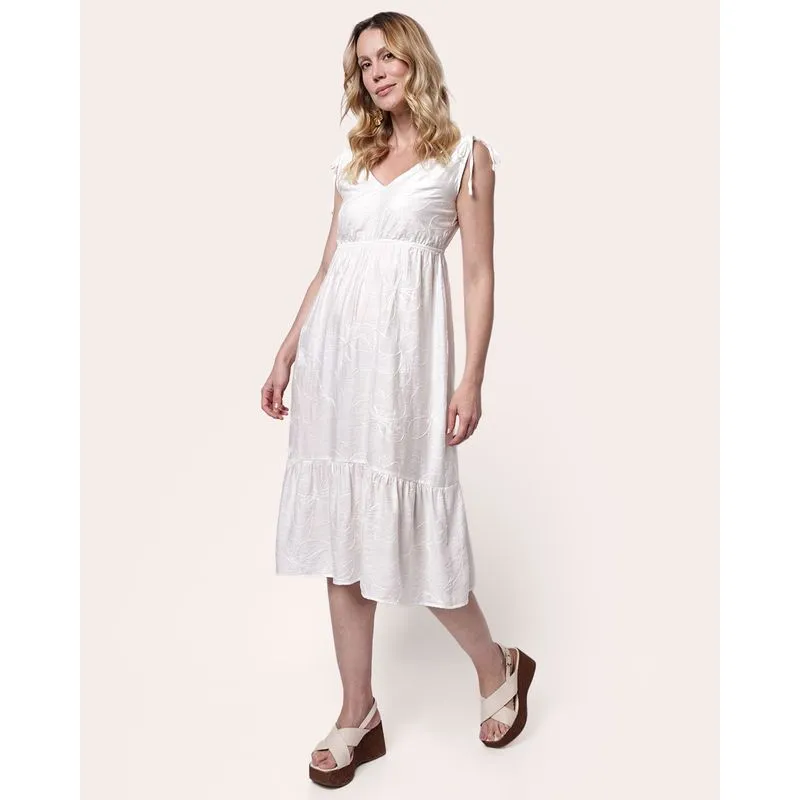 Vestido Feminino Berry & Co. Midi Texturizado Flores Branco M