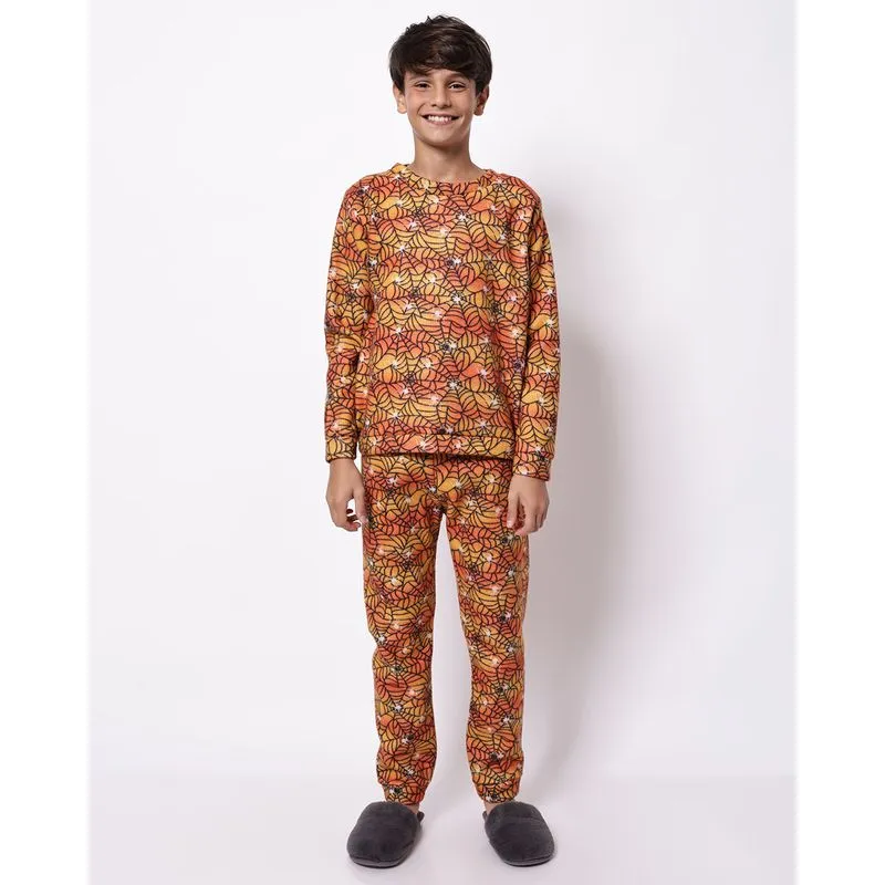 Pijama Juvenil Longo Soft Estampado Teias Aranhas Laranja 16