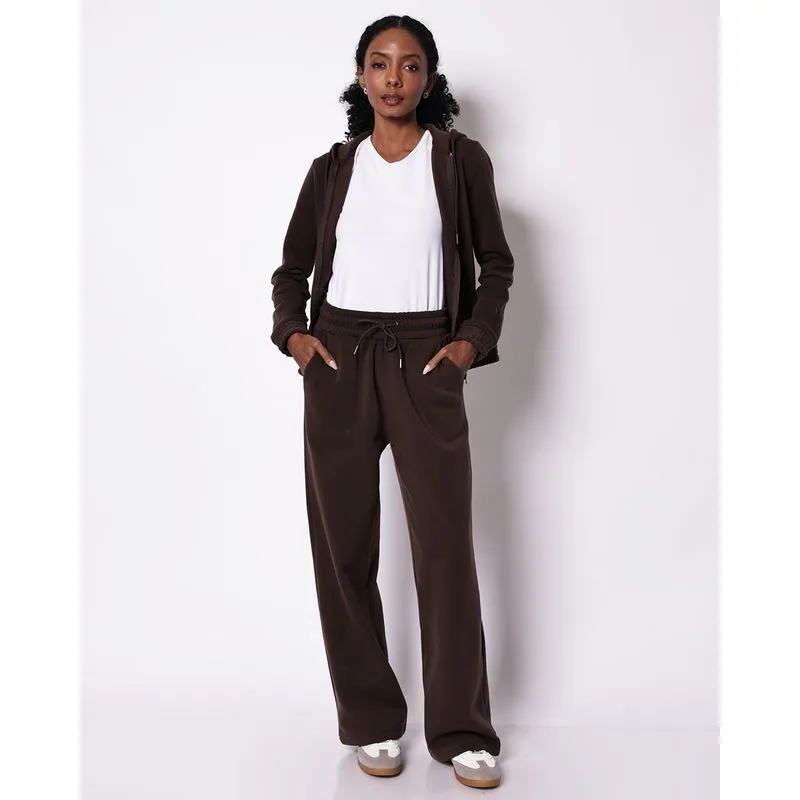Calça Moletom Feminina Básica Wide Leg com Bolso Marrom GG